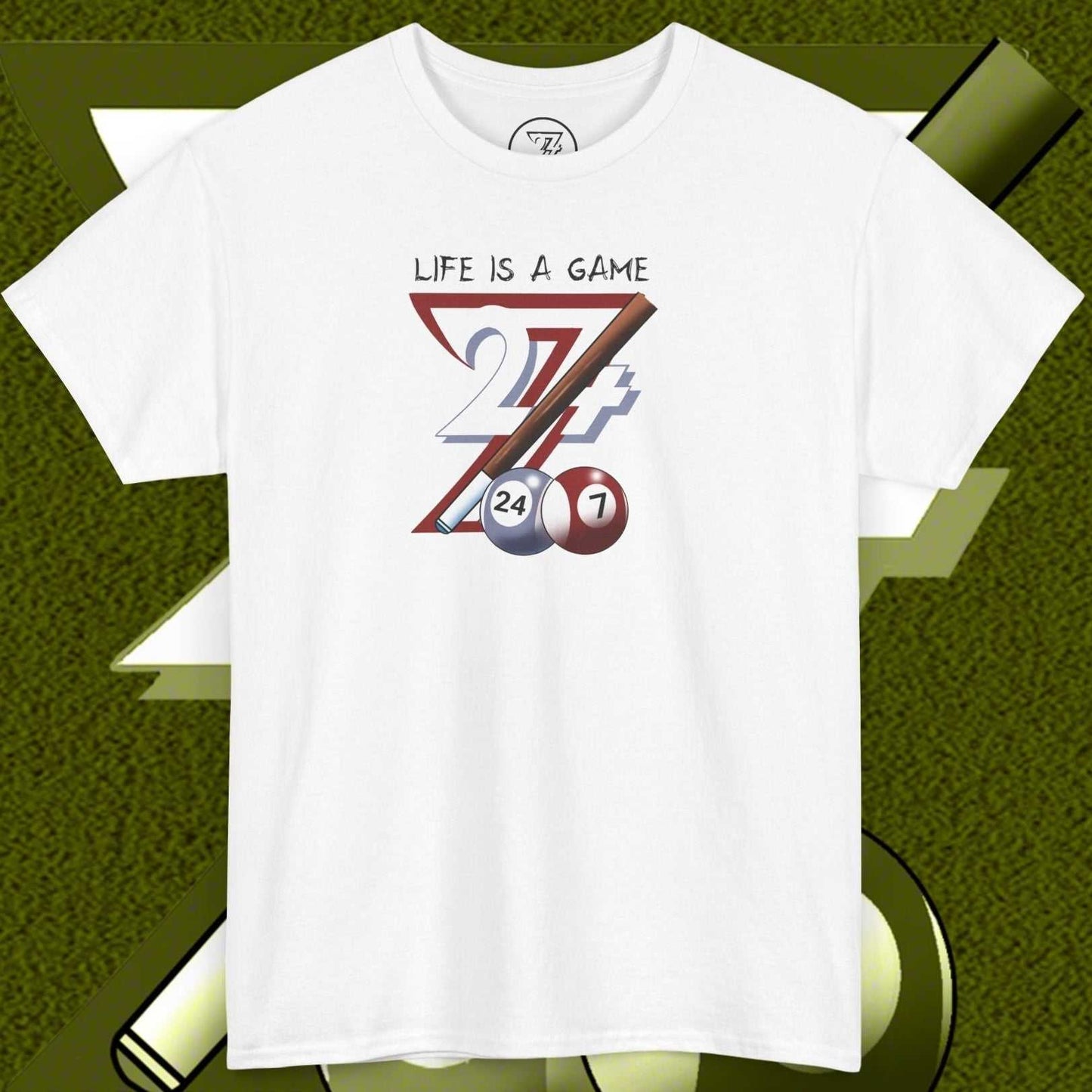 white pool tee with hand-drawn billiards design and "Life is a Game" text