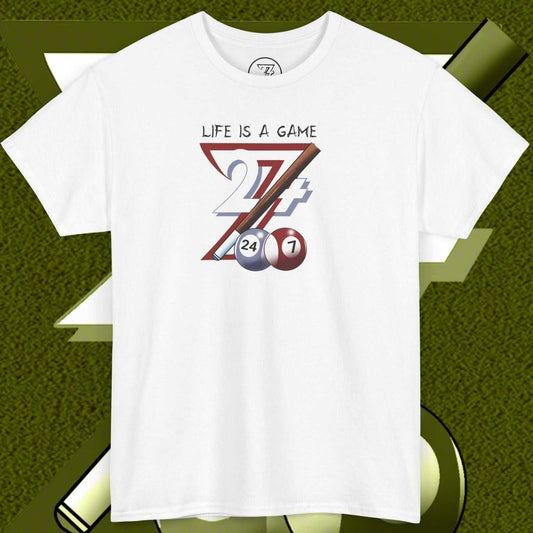 white pool tee with hand-drawn billiards design and "Life is a Game" text