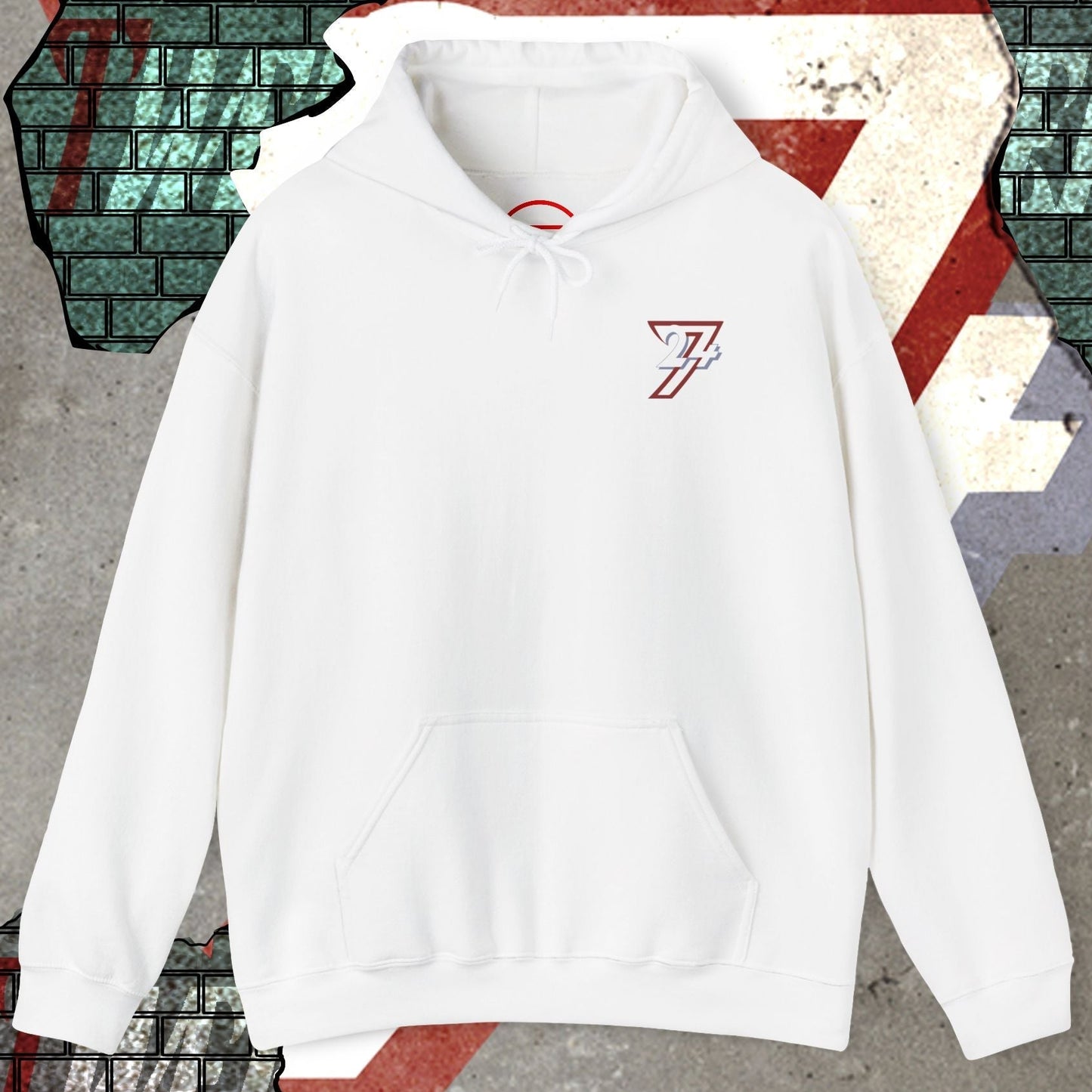 white printed hoodie with twentyfourseven logo and 24/7 design, cotton-poly blend, casual adult sweatshirt
