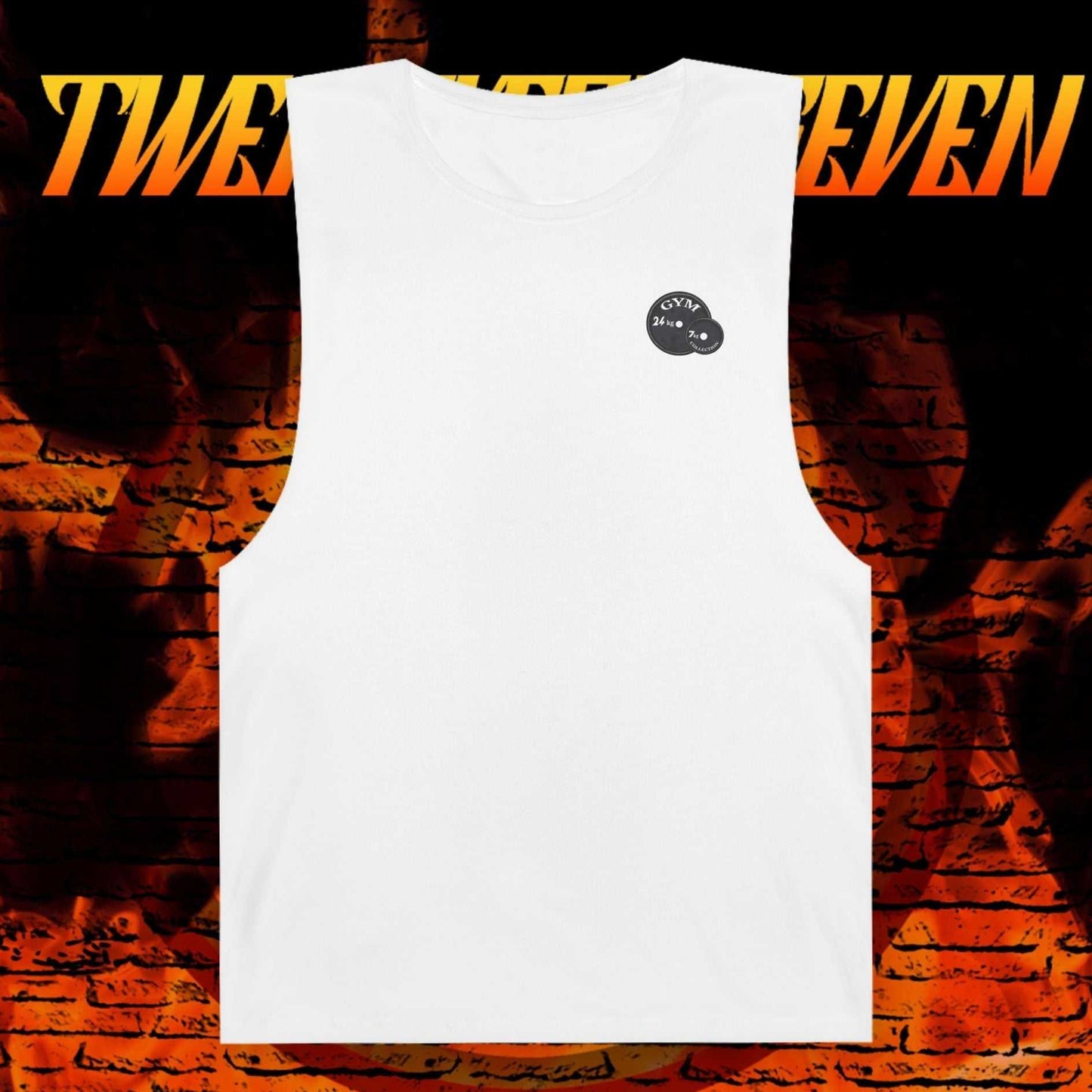 white raw edge workout top with ribbed collar and small gym logo on chest