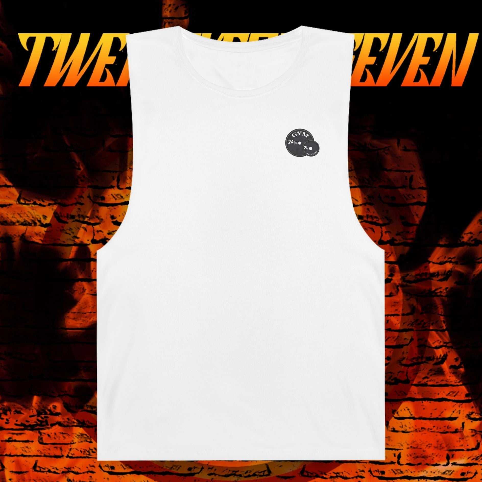 white raw edge workout top with ribbed collar and small gym logo on chest