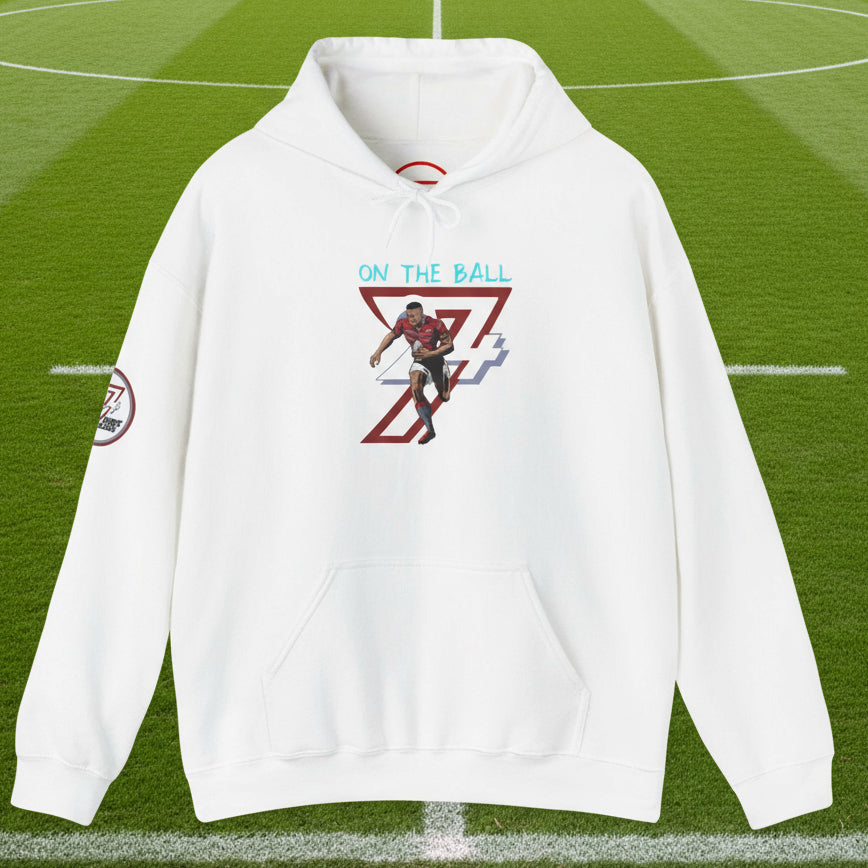white rugby hoodie with vibrant hand-drawn rugby player design and kangaroo pocket