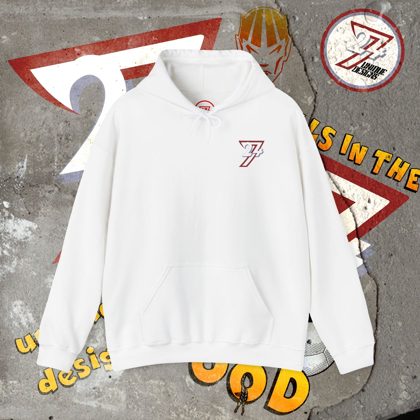 white stylish hoodie with twentyfourseven logo, kangaroo pocket, and adjustable hood, made from cotton blend streetwear