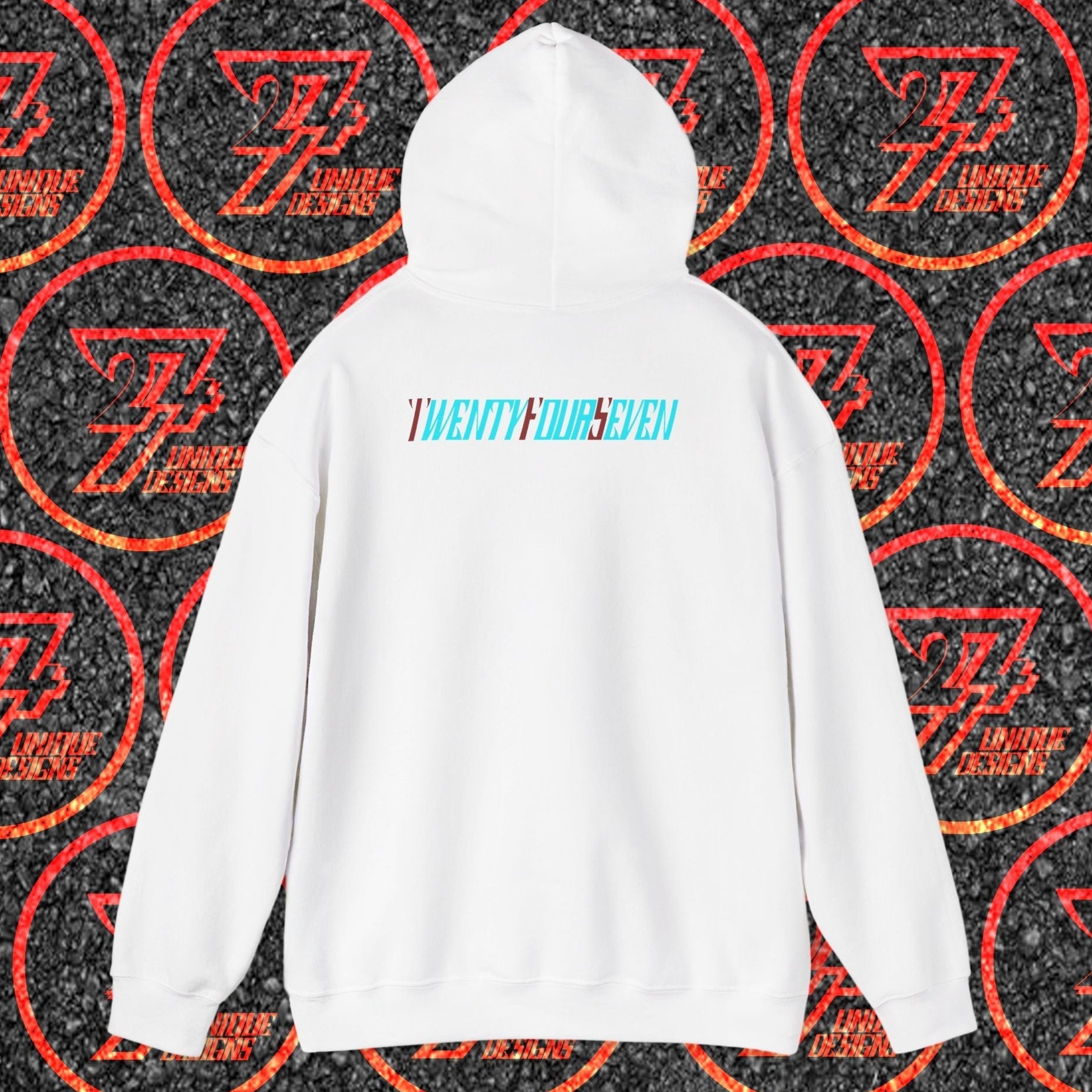 white stylish hoodie with twentyfourseven logo on back for streetwear and casual wear