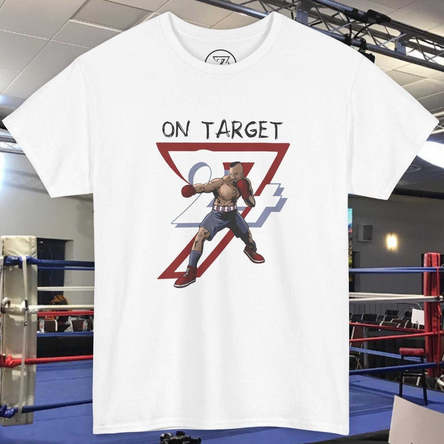 white t-shirt with hand-drawn boxer graphic and "ON TARGET" text boxing graphic shirt