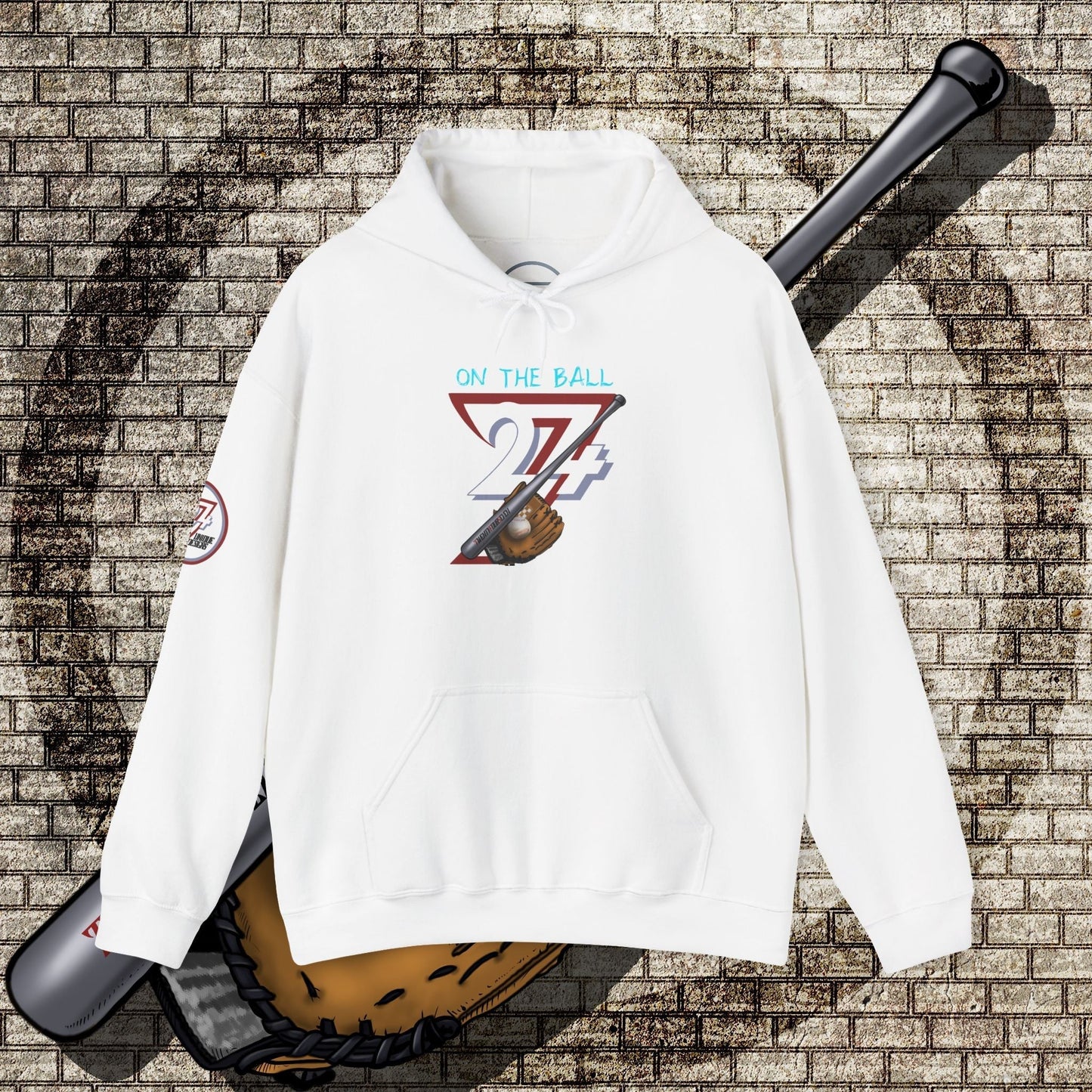 white unisex baseball hoodie with hand-drawn baseball gear illustration and kangaroo pouch pocket