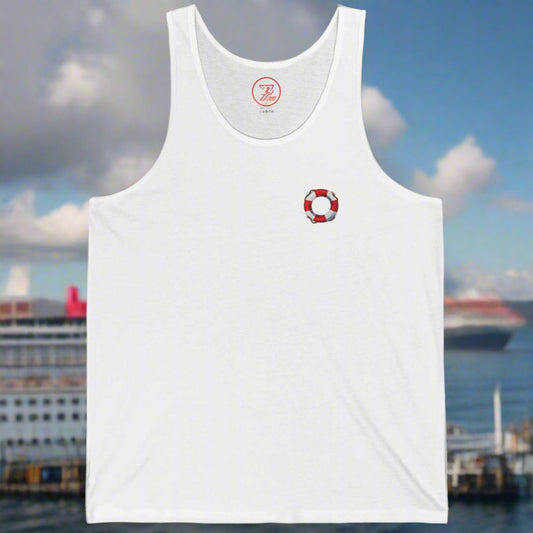white unisex beach tank top with small red and white lifebuoy design on chest for summer vacation