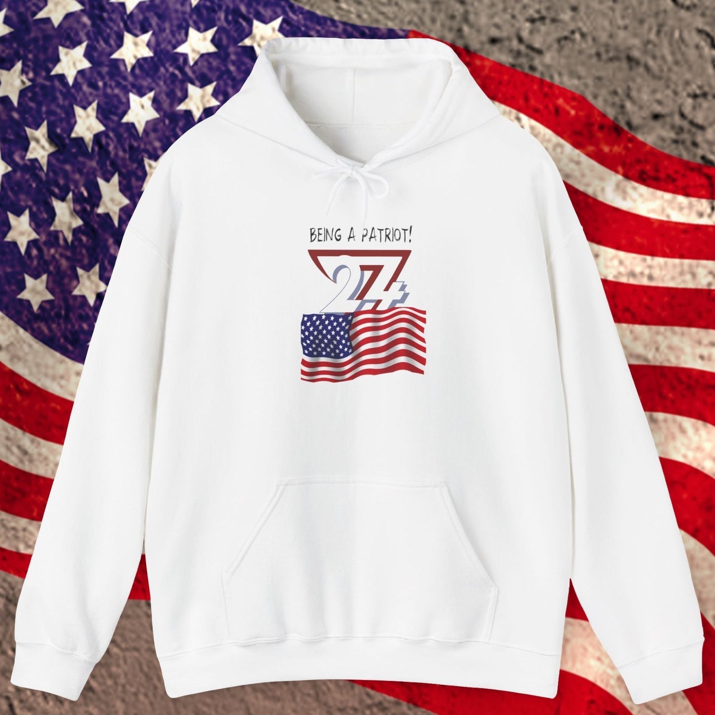 white usa flag hoodie with hand-drawn American flag and "Being a patriot!" text design