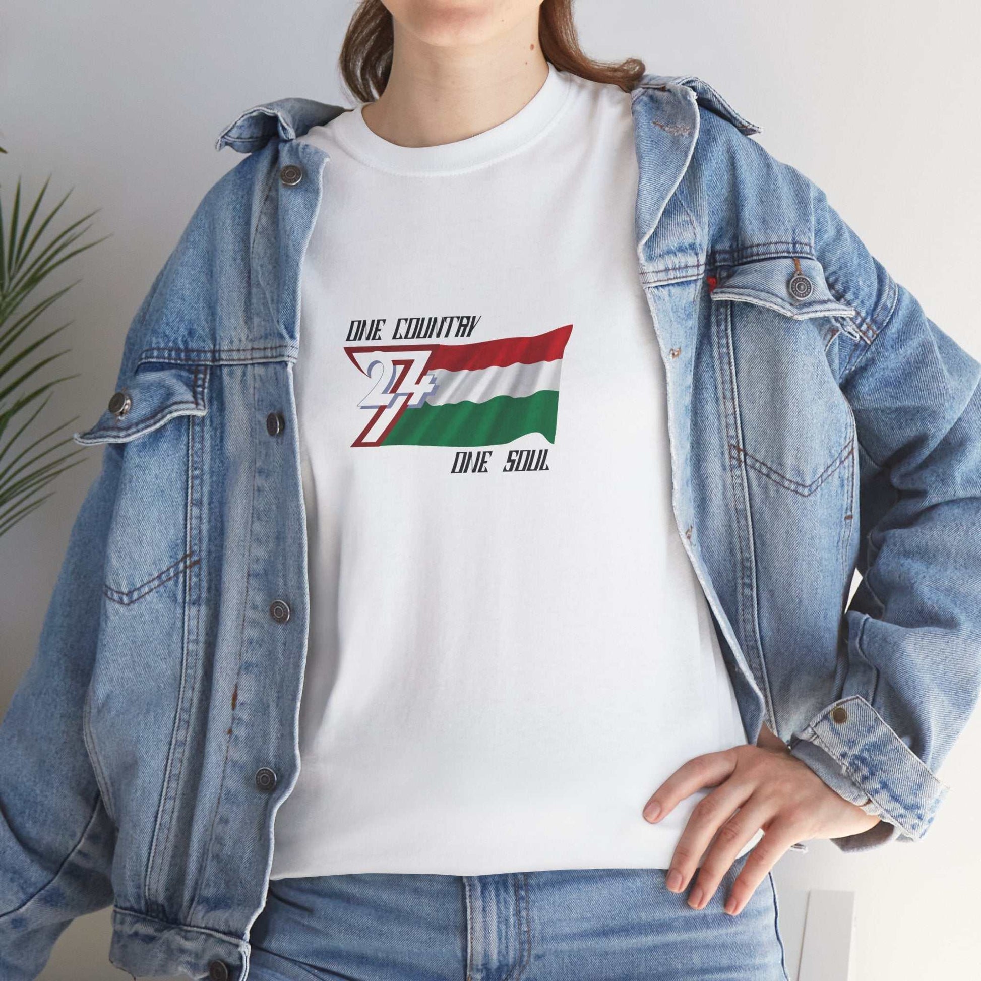 White hand-drawn Hungary graphic tee with Magyar Spirit tricolor and "One Country One Soul" slogan on female model