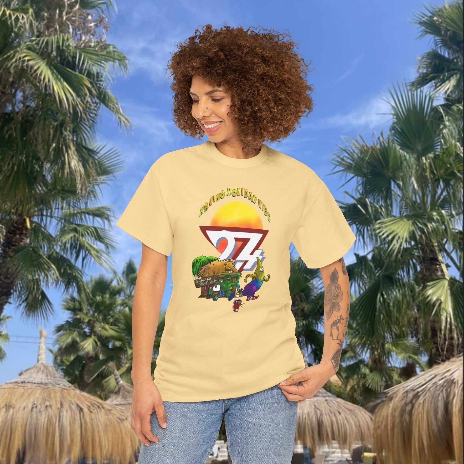 Woman wearing a Pastel Yellow (Yellow Haze) Tropical Summer T-Shirt.