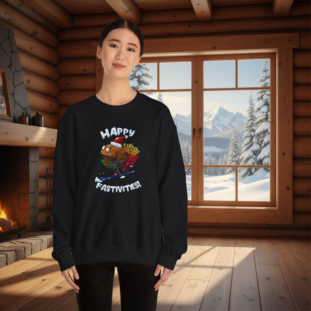 woman wearing black Christmas Santa burger sweatshirt with skiing Santa cartoon and Happy Fastivities text