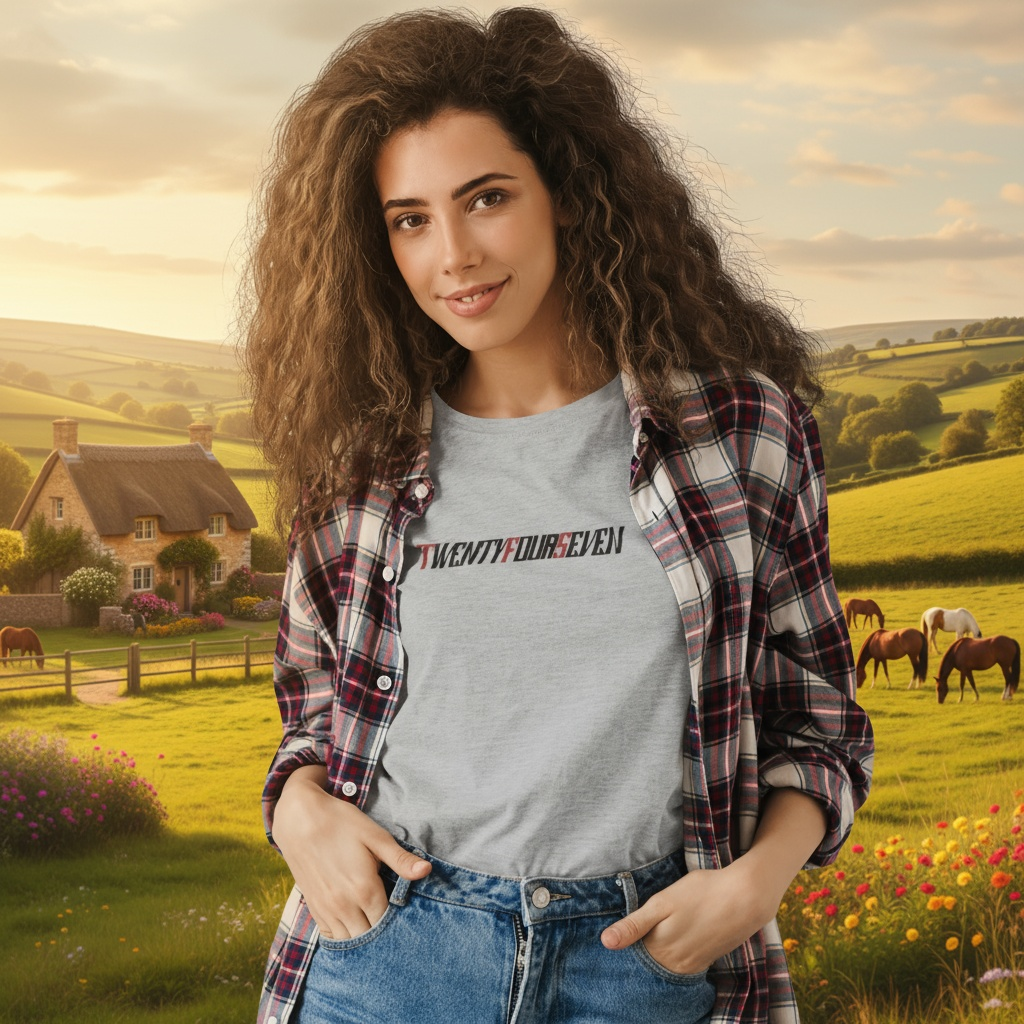 woman wearing stylish grey t-shirt for women with bold "twentyfourseven" text and plaid shirt over it