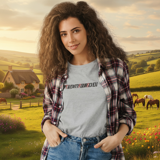 woman wearing stylish grey t-shirt for women with bold "twentyfourseven" text and plaid shirt over it