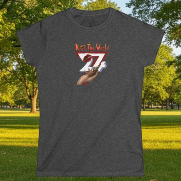 women unique tee with lipstick holding hand design and "Kiss The World" text on dark gray background