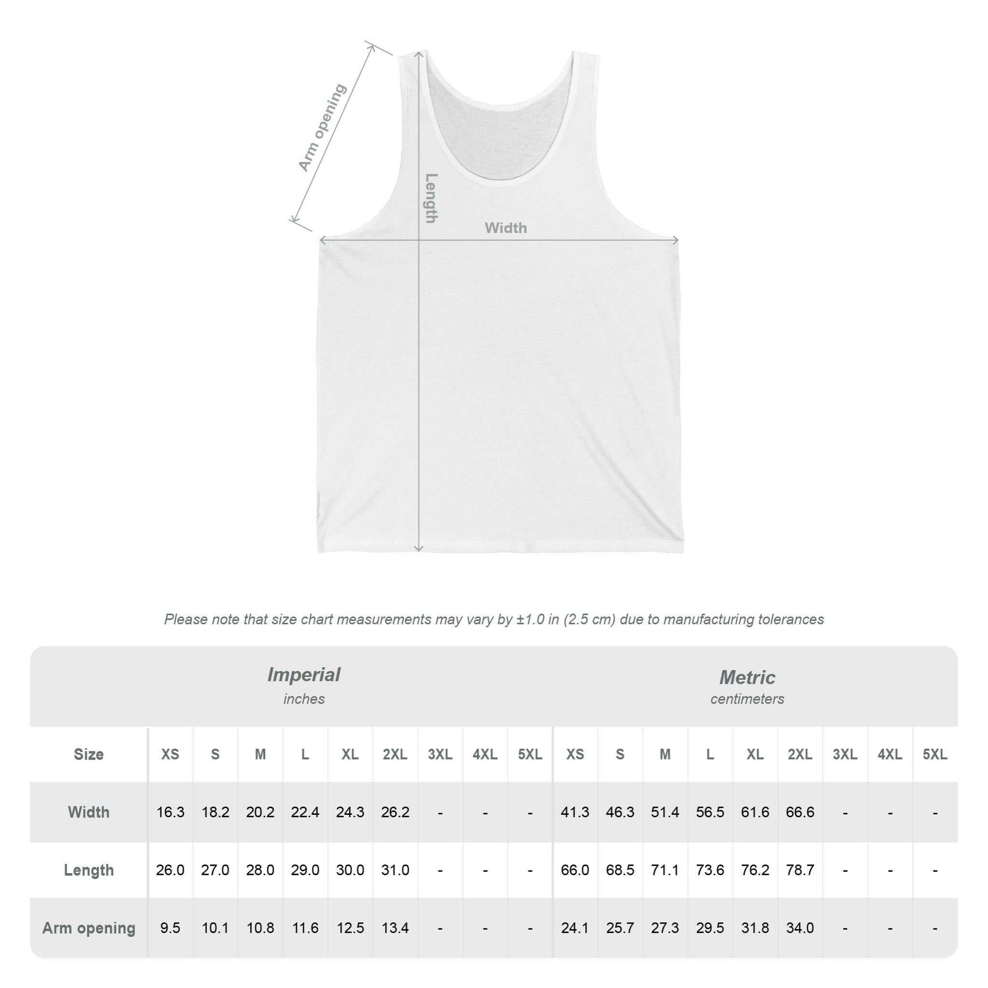 White tank top with measurement chart on a white background