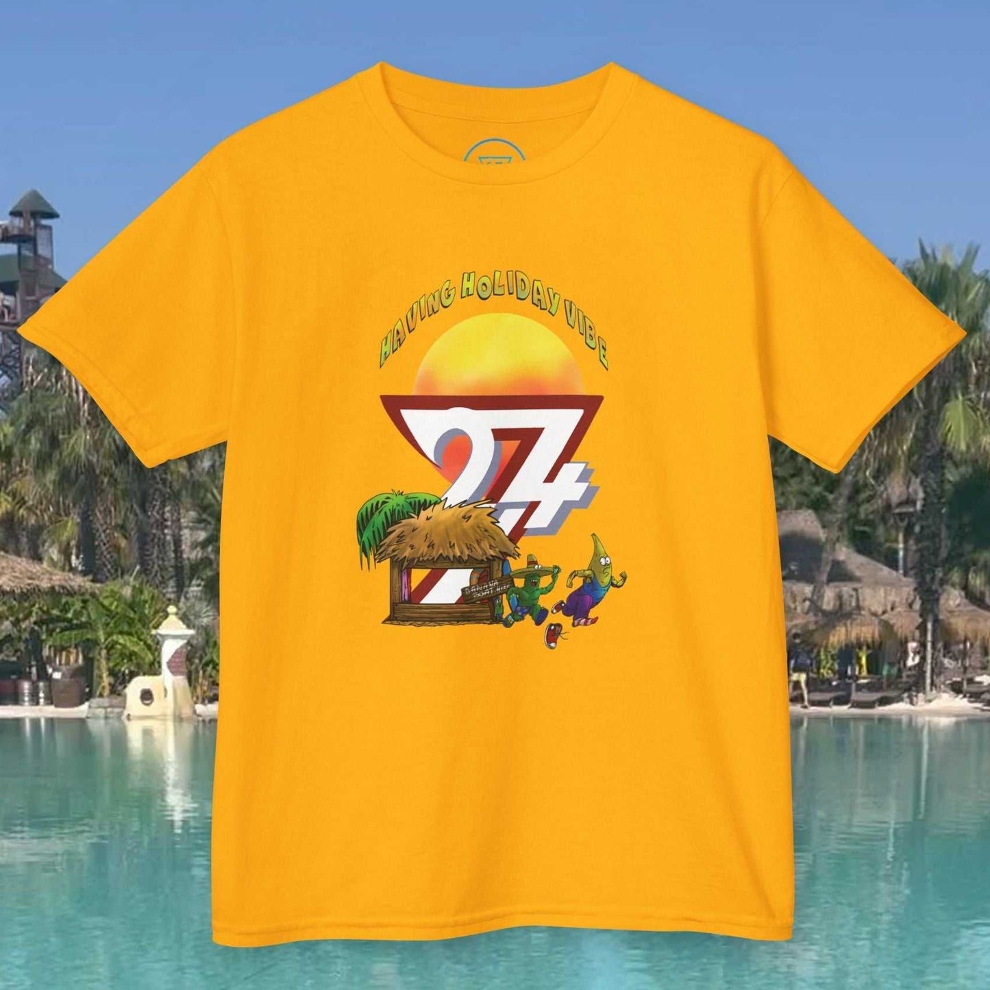 yellow banana t-shirt with funny cartoon character and summer holiday beach design for kids