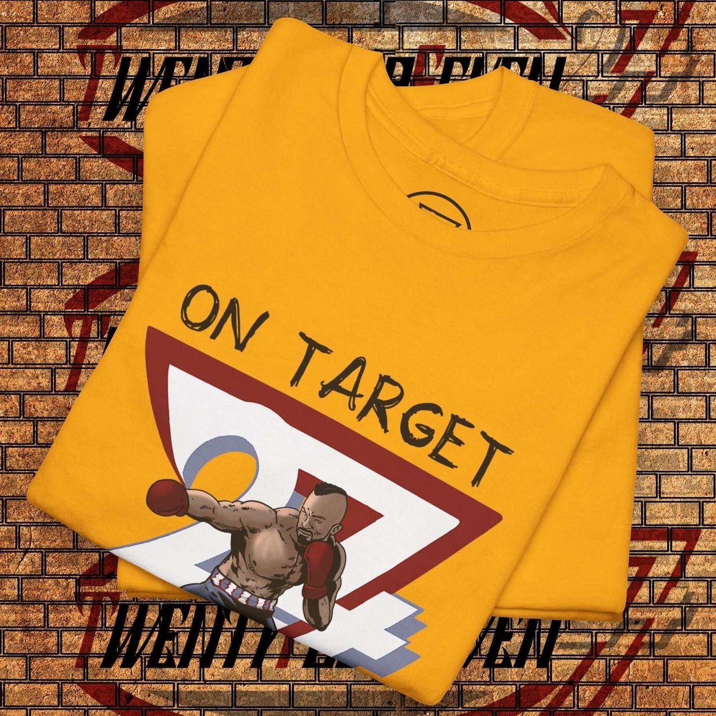 yellow boxing graphic shirt with hand-drawn boxer illustration and "ON TARGET" text