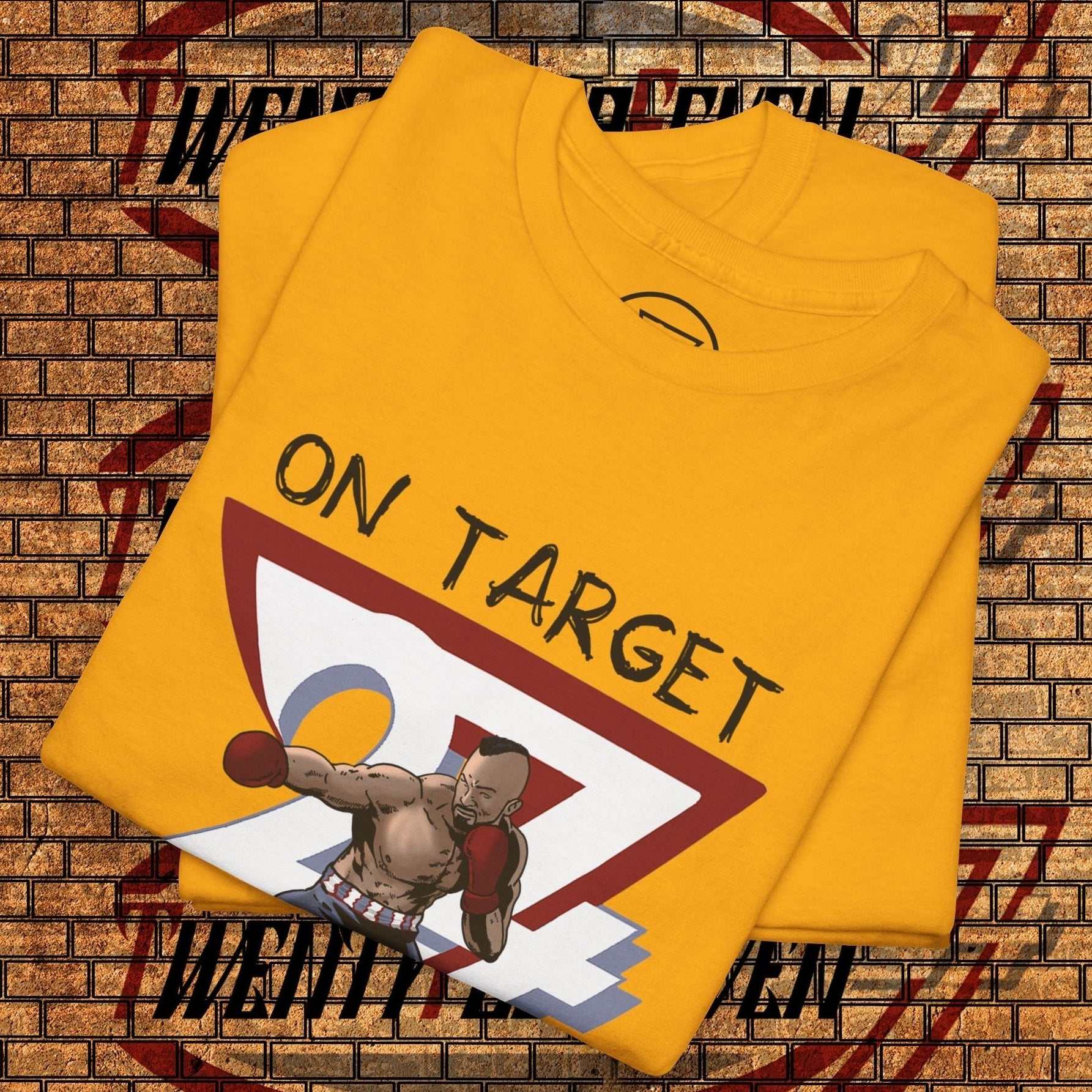 yellow boxing graphic shirt with hand-drawn boxer illustration and "ON TARGET" text