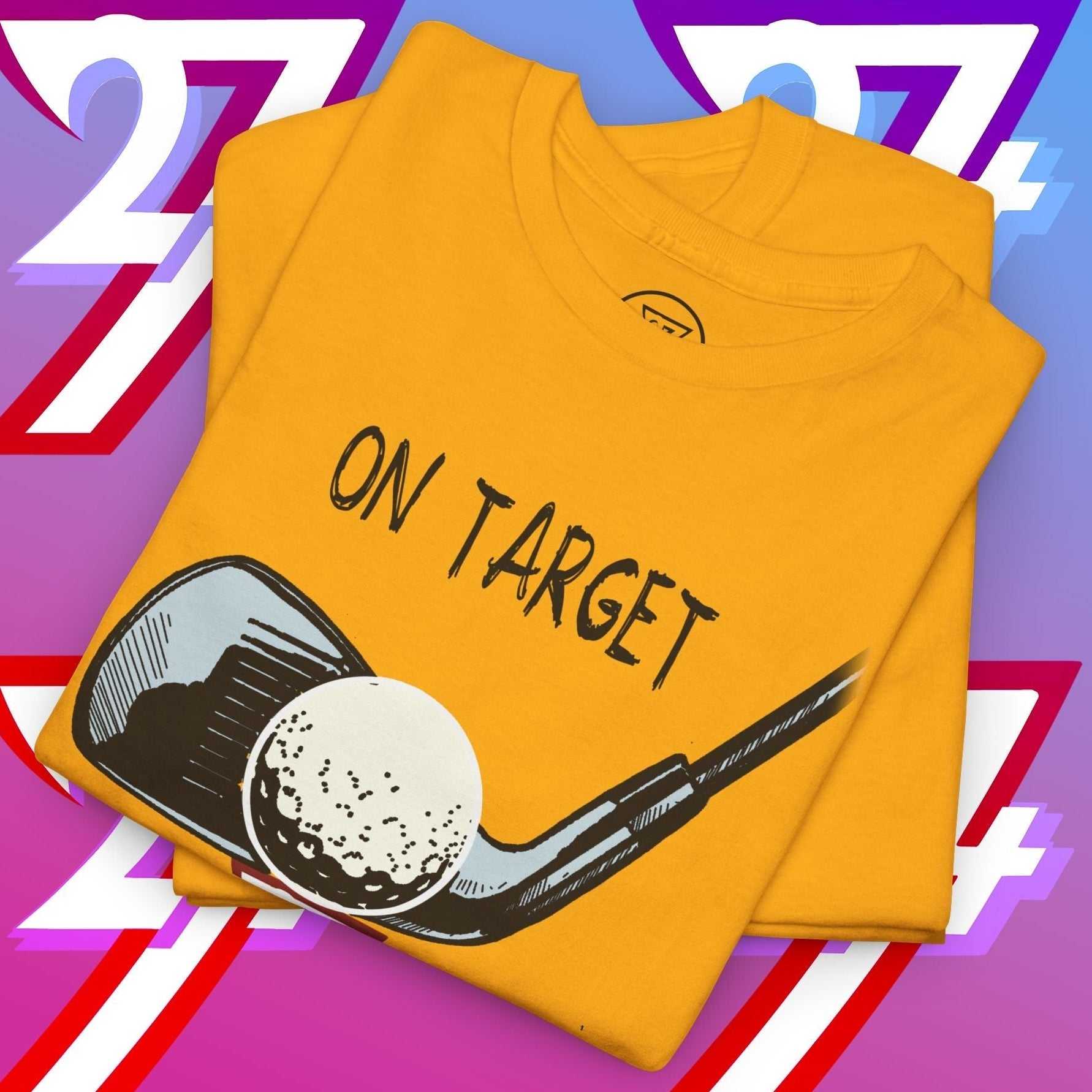 yellow golf graphic t-shirt with hand-drawn golf club and ball illustration and "ON TARGET" text, casual fit cotton tee for golfers