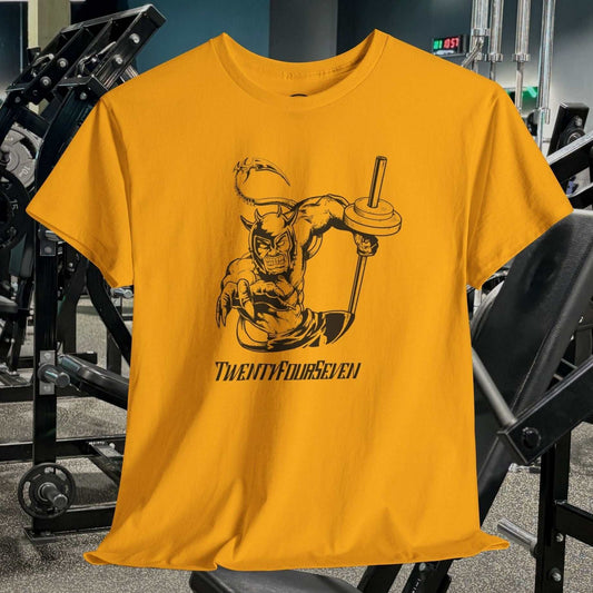 yellow gym tee with comic-style hand-drawn muscular figure lifting a barbell and text "TwentyFourSeven" on front
