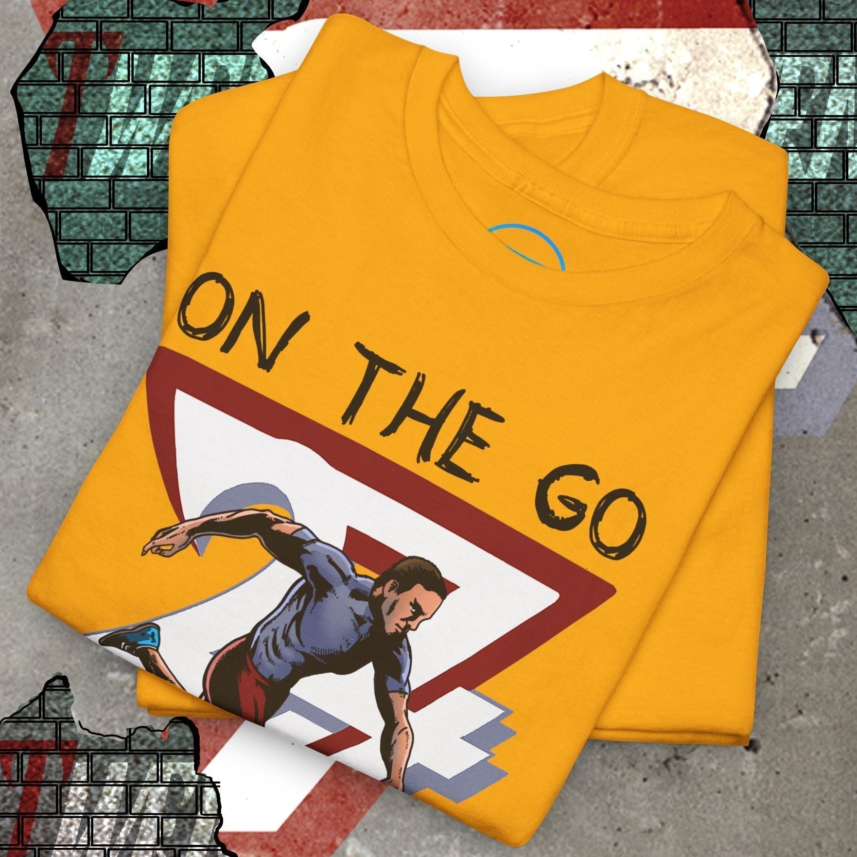 yellow running sports tee with hand-drawn runner illustration and "On The Go" text, lightweight athletic shirt
